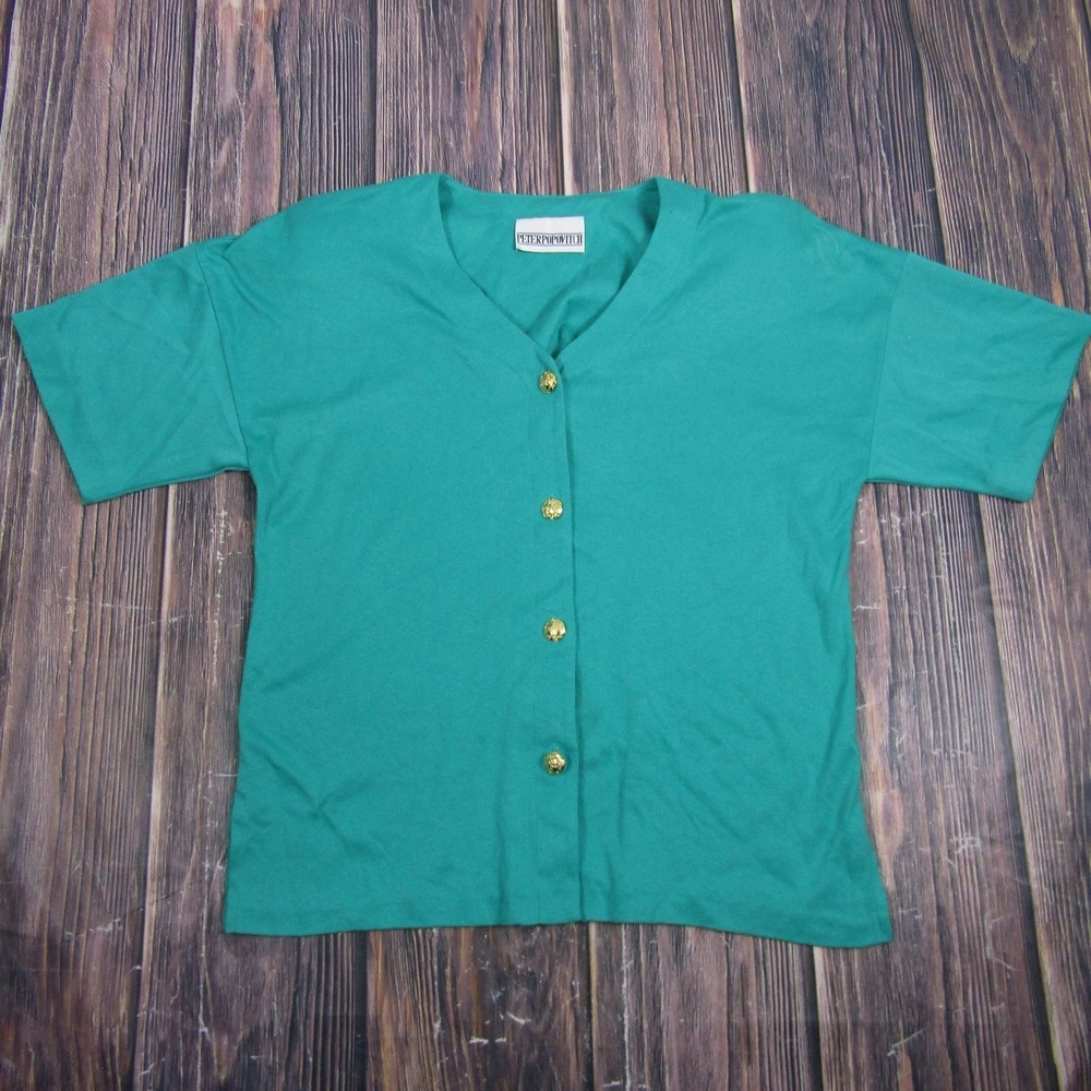 Peter Popovitch Button-Up Womens L Green V-Neck Short Sleeve Granny Core